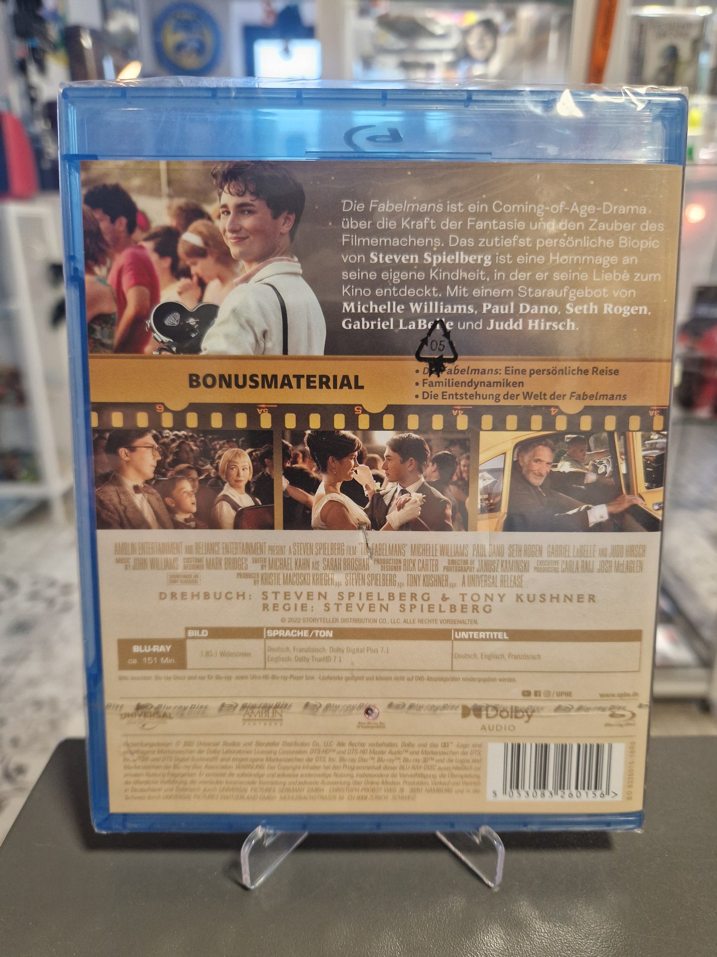 Rückseite der Blu-ray-Verpackung von Die Fabelmans mit Filmbeschreibung, Angaben zum Bonusmaterial, technischen Details und Barcode bei Memory Lane Rhauderfehn.