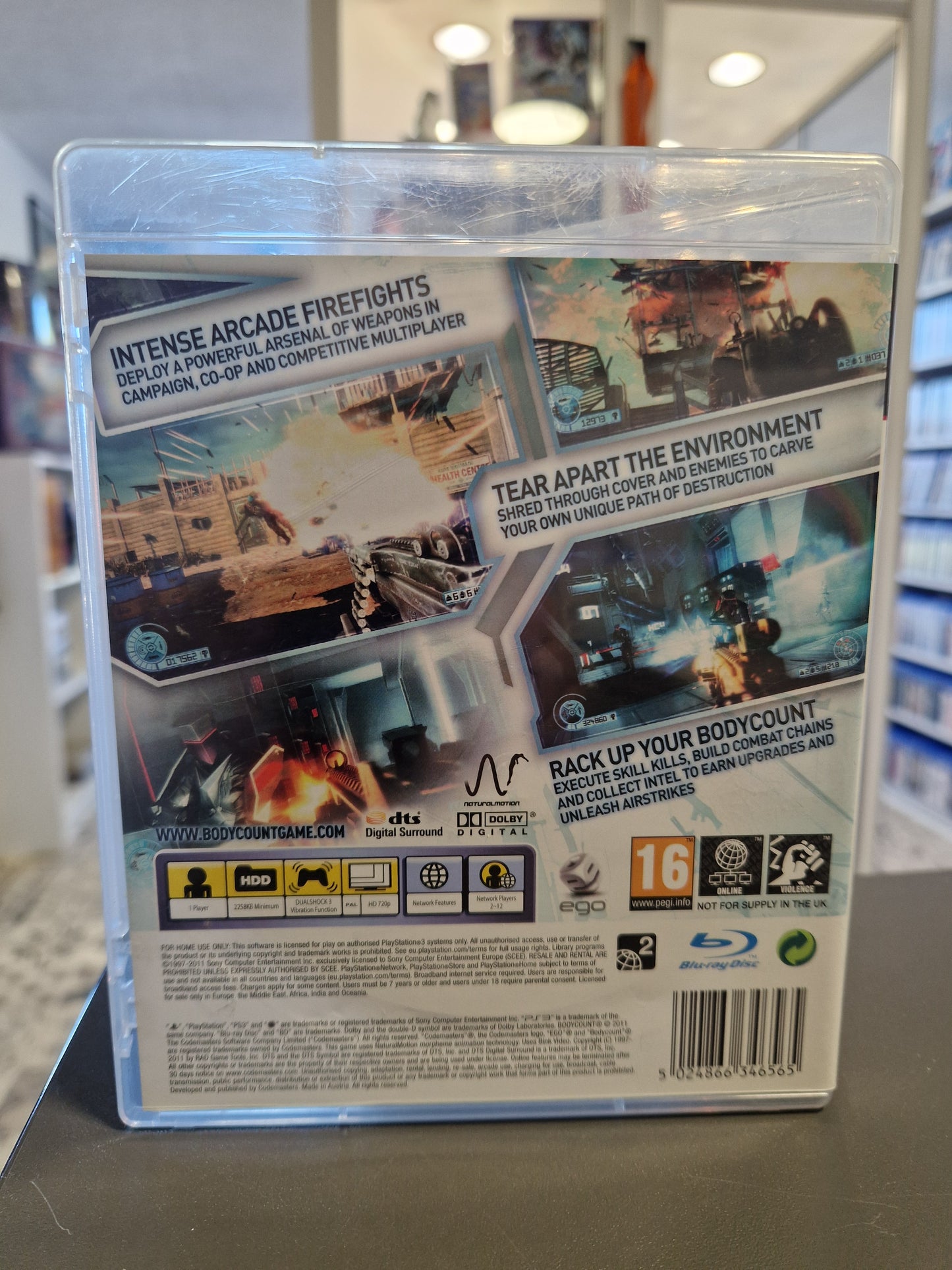 Rückseite der Bodycount PS3 Verpackung mit Spielbeschreibung und Action-Screenshots.