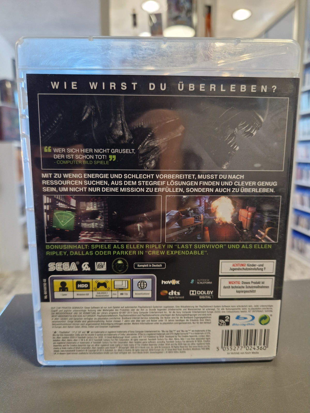 Rückseite der Alien Isolation PS3 Hülle mit Spielbeschreibung, Bonusinhalten und Barcode 5055277024360.