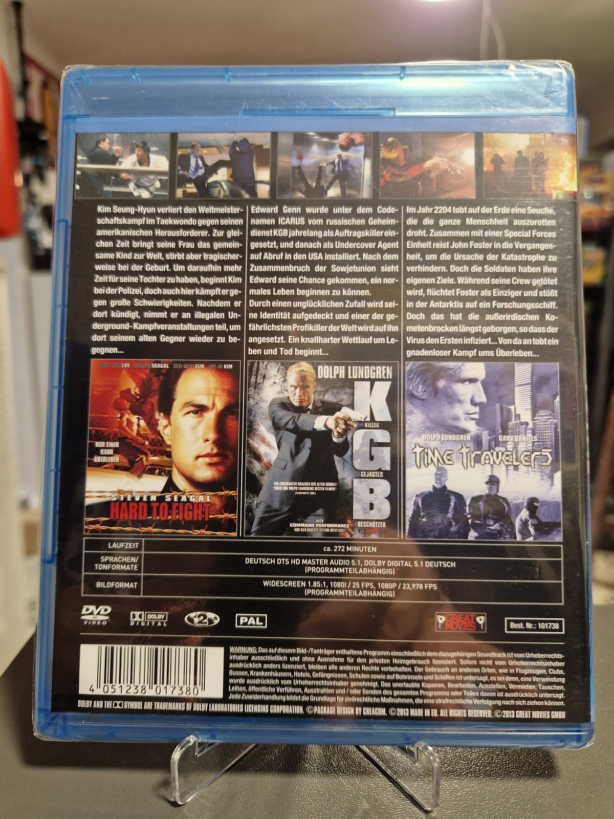 Rückseite der versiegelten Blu-ray Hülle Dolph Lundgren und Steven Seagal Total mit EAN 4051238017380.