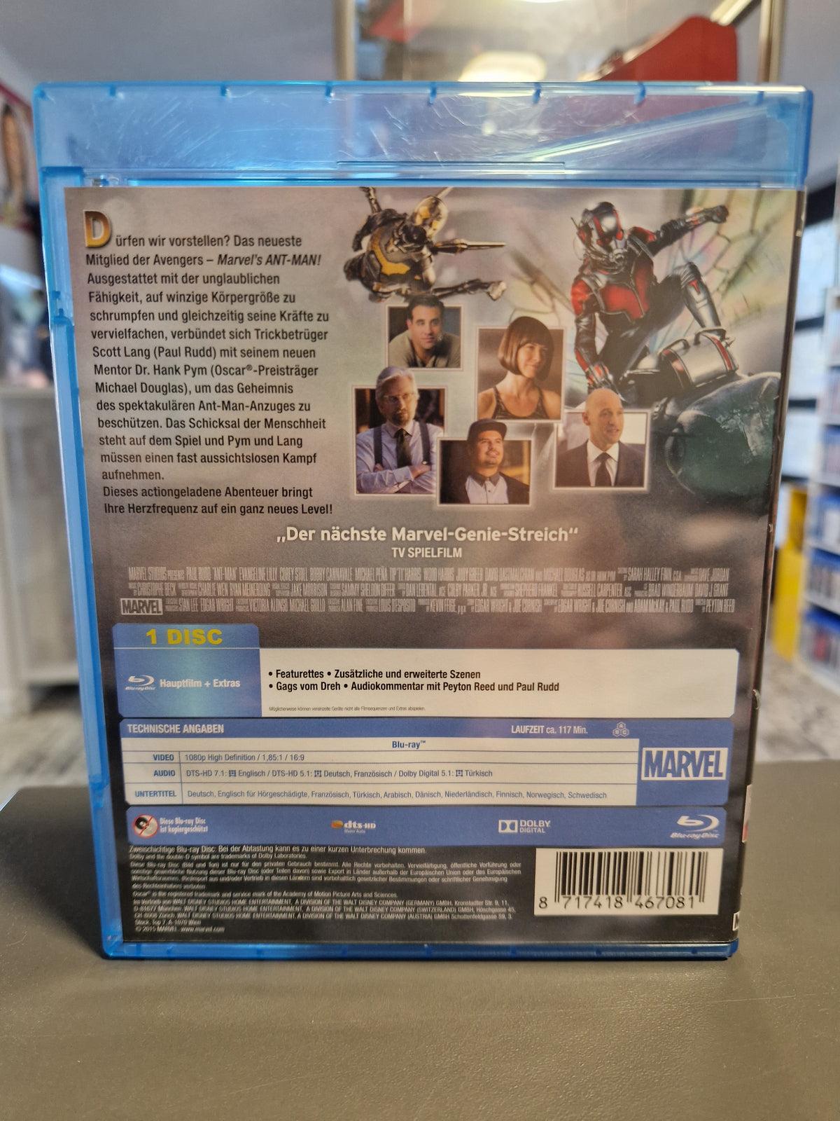 Rückseite der Blu-ray Hülle von Marvel Ant-Man mit Barcode 8717418467081