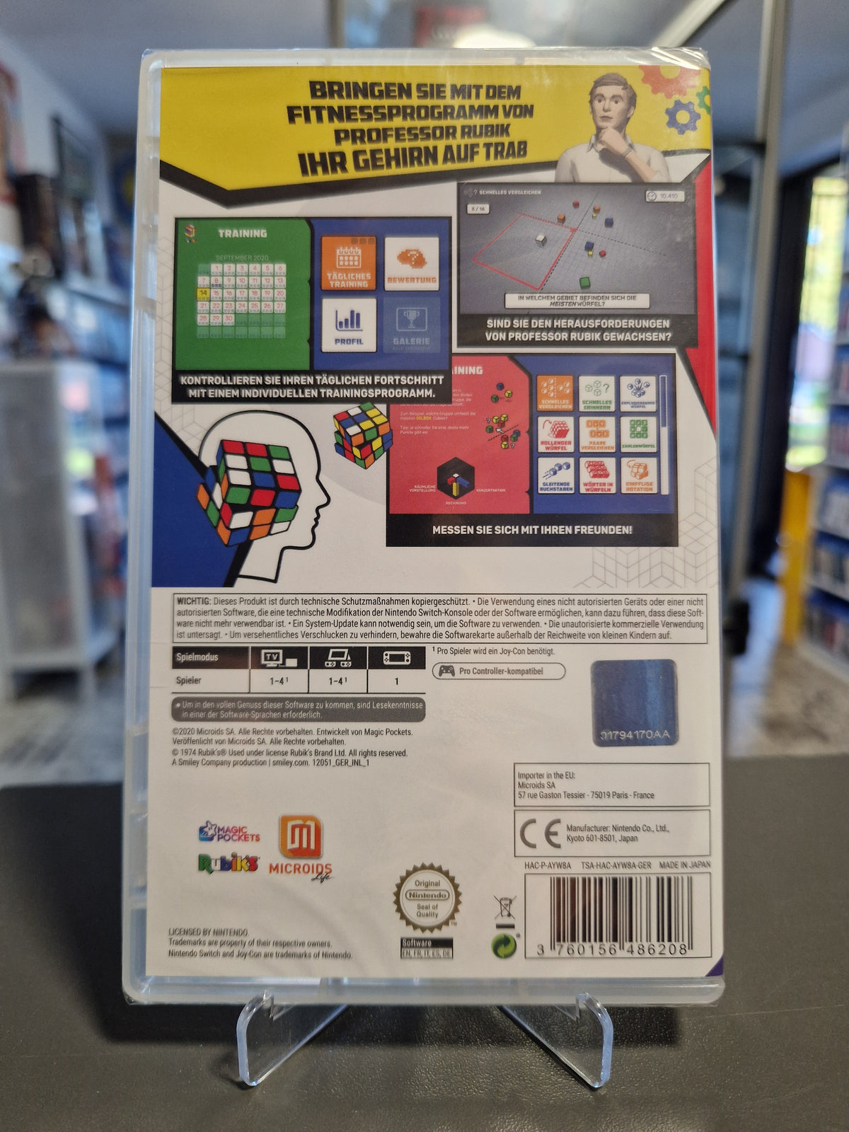 Rückseite der versiegelten Nintendo Switch Hülle von Professor Rubiks Gehirntraining mit EAN 3760156486208.