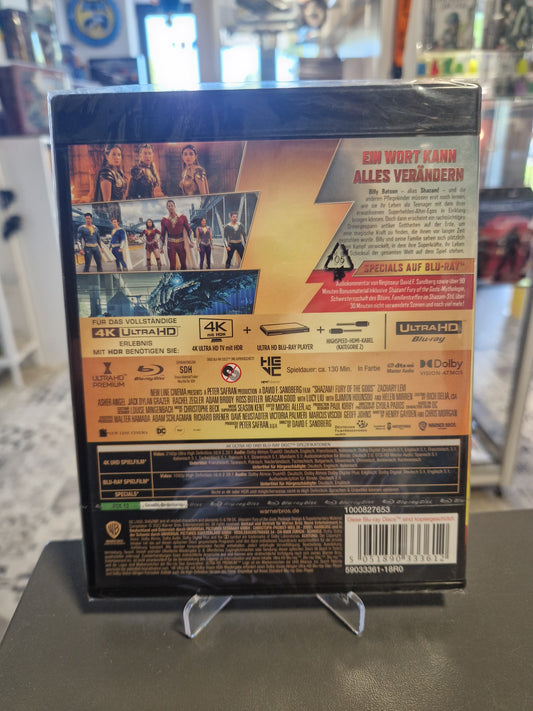 Rückseite der Shazam Fury of the Gods 4K UHD Hülle mit Filminhalt, Tonspuren und FSK 12 Logo