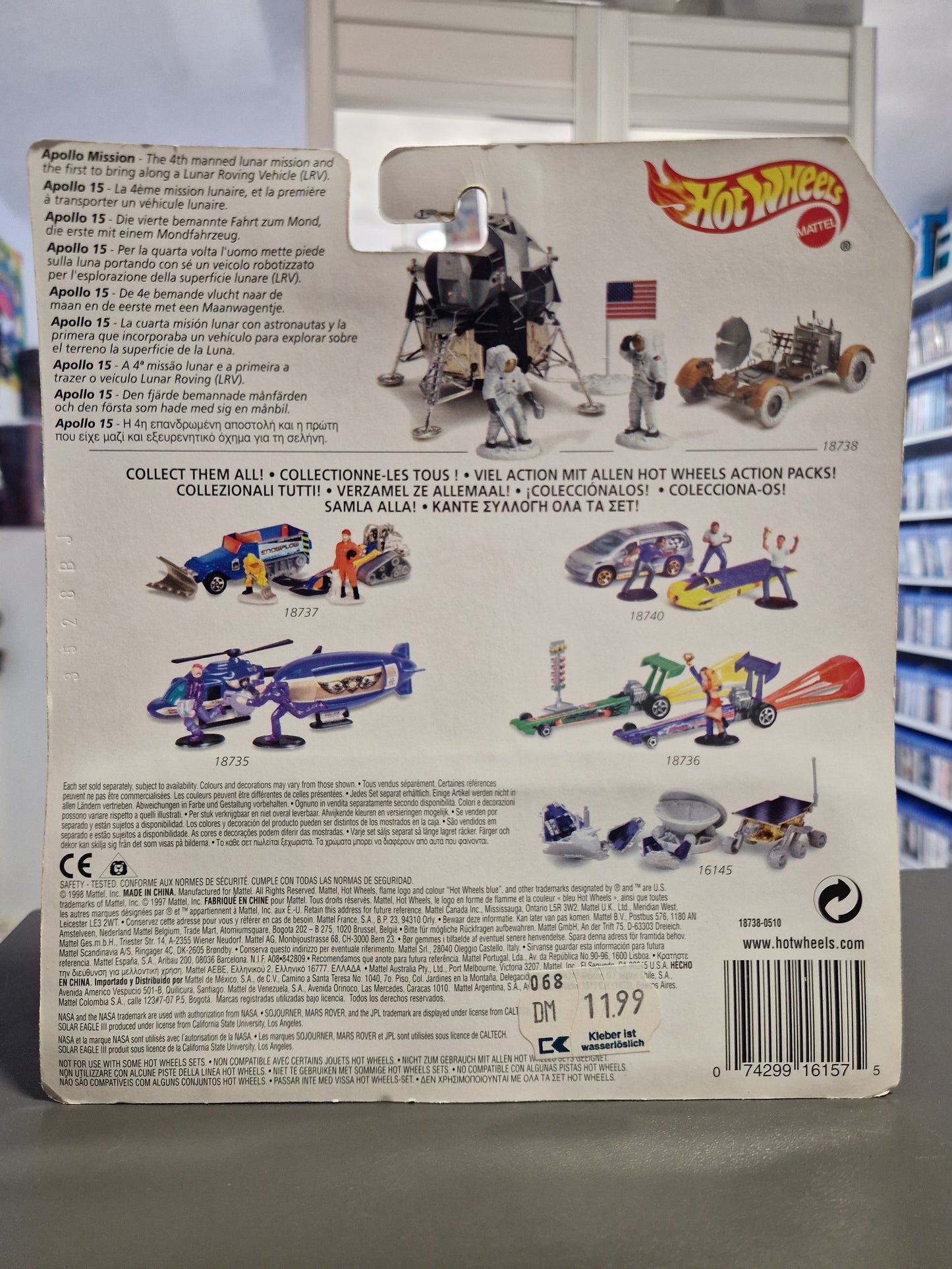 Rückseite des Hot Wheels Apollo 15 Action Packs mit DM 11.99 Preisschild und historischen Infos zum Lunar Roving Vehicle.