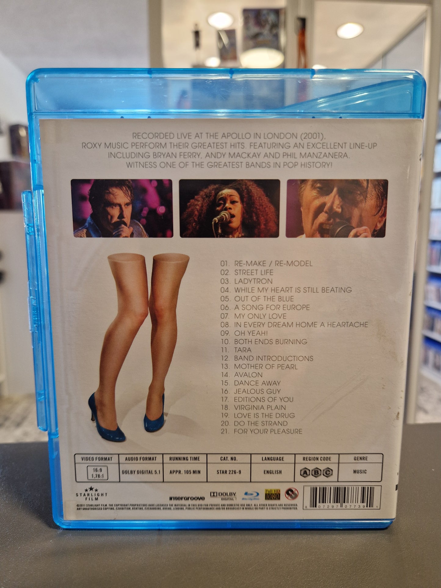Rückseite der Roxy Music Live at the Apollo Blu-ray Hülle mit vollständiger Tracklist und technischen Details.