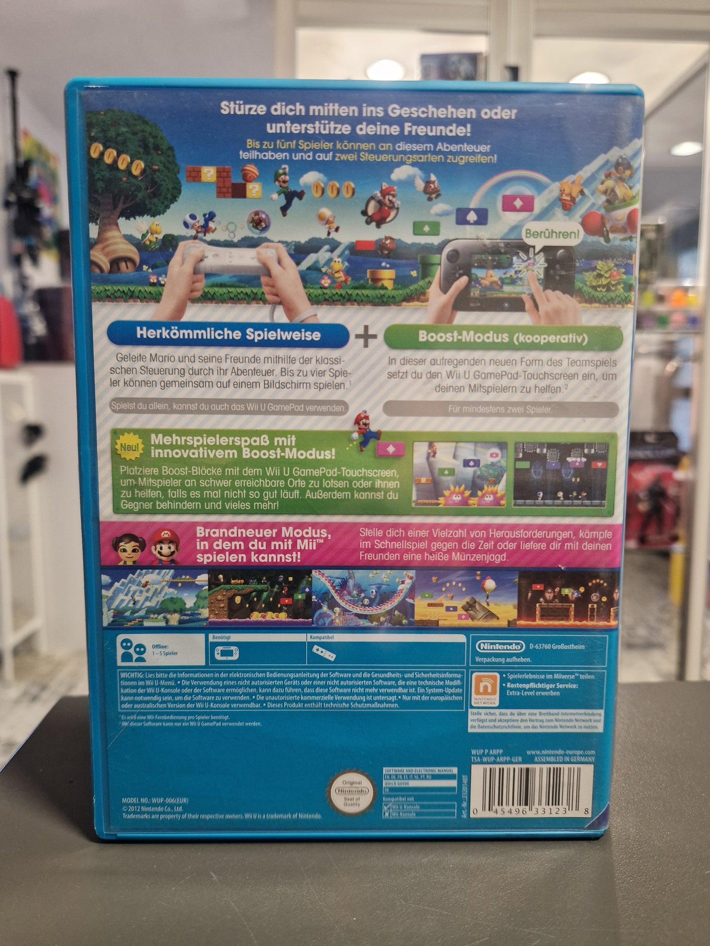 Rückseite der New Super Mario Bros U Wii U Spieleverpackung mit Spielmodi