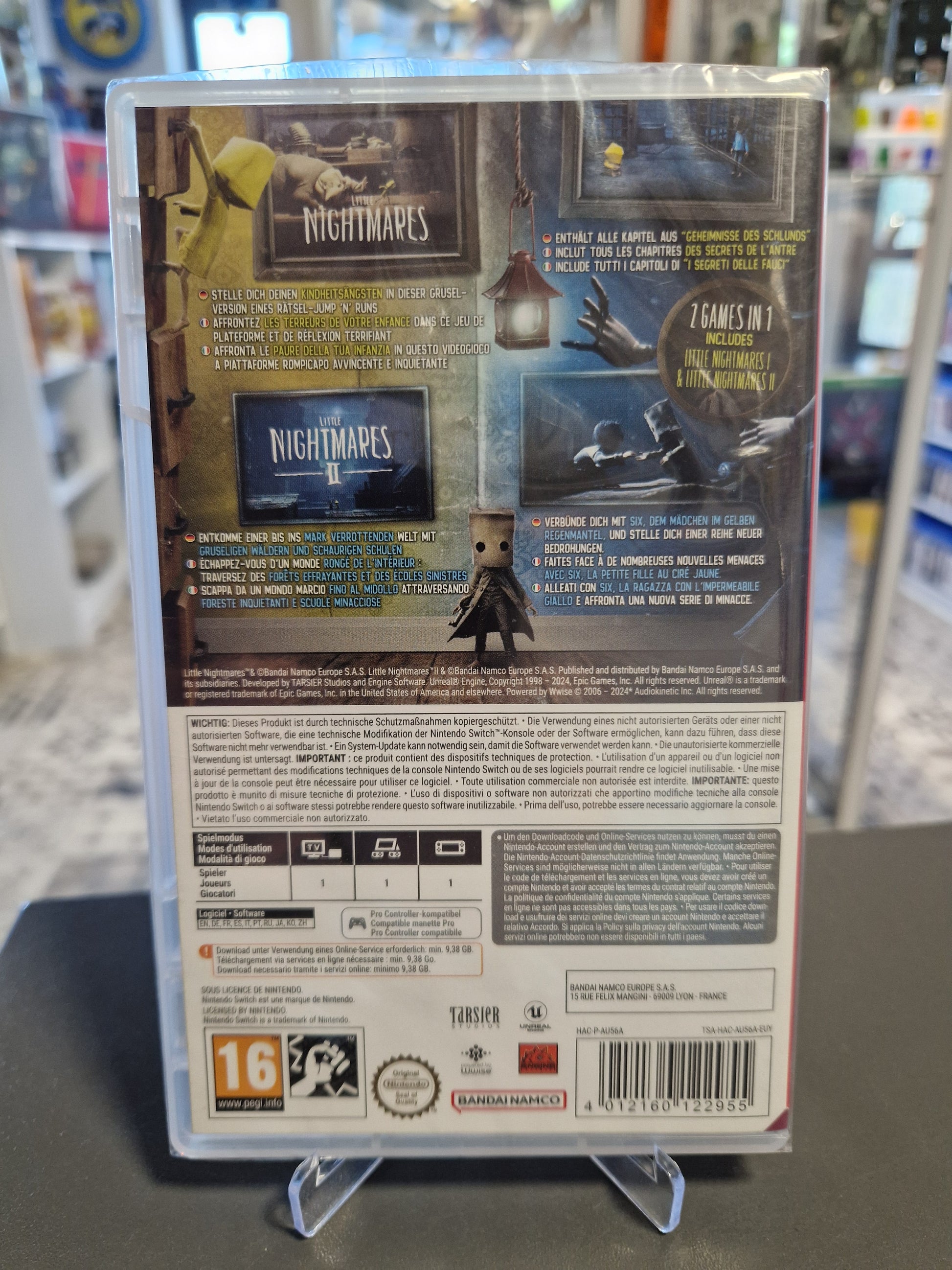 Rückseite der Little Nightmares I & II Switch Hülle mit Spielbeschreibung, Feature-Boxen und Barcode 4012160122955.