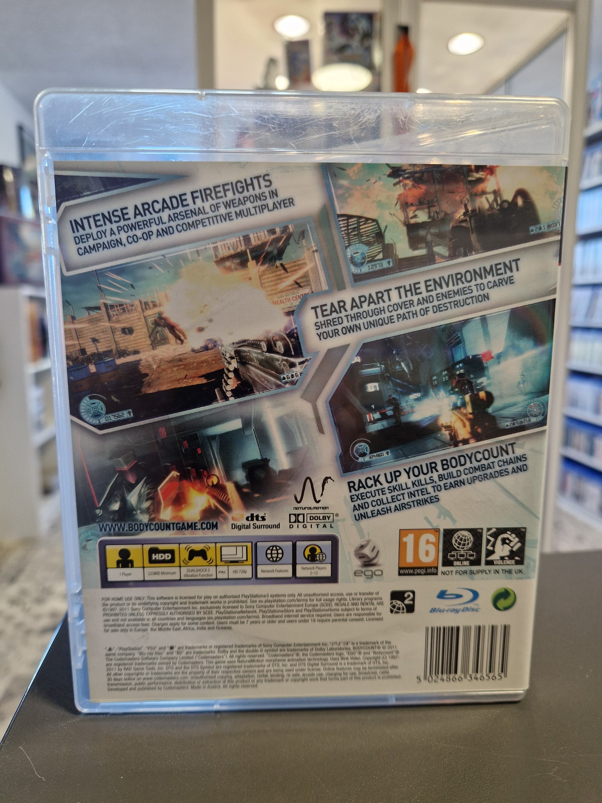 Rückseite der Bodycount PS3 Verpackung mit Spielbeschreibung und Action-Screenshots.