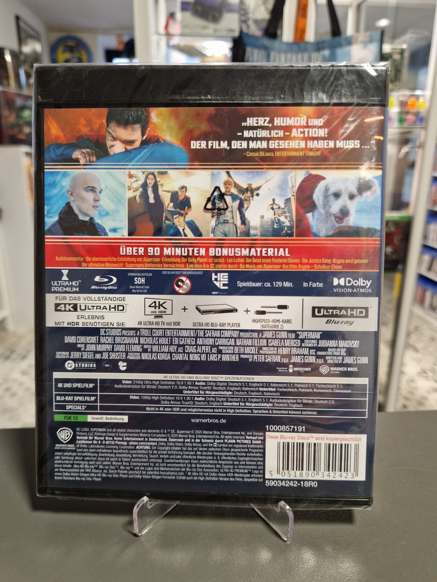Rückseite der Superman 2025 4K Ultra HD Blu-ray mit Filminhalt, Bonusmaterial und EAN Barcode