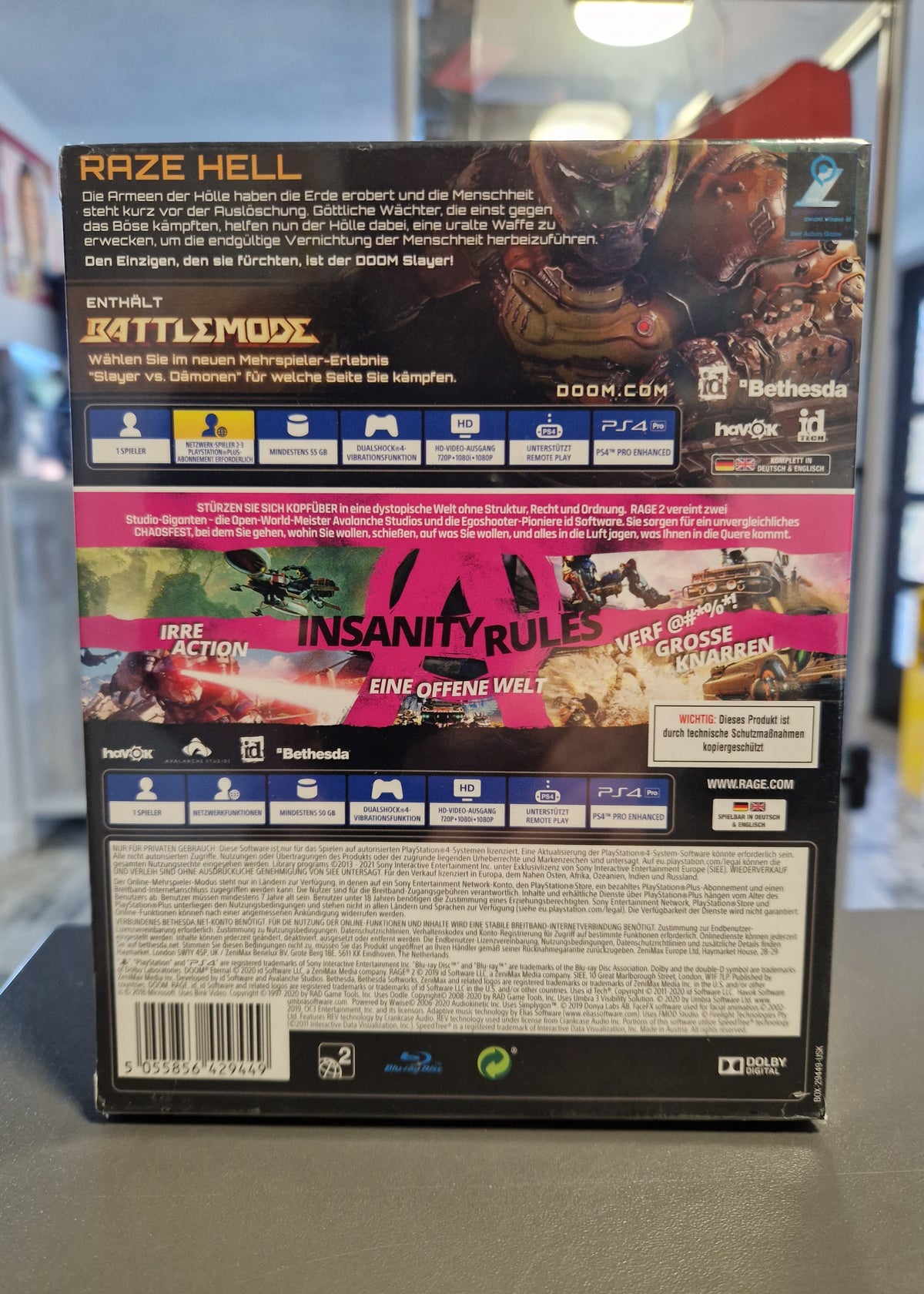 Rückseite des PS4 Double Packs Doom Eternal und Rage 2 mit Barcode 5055856429449