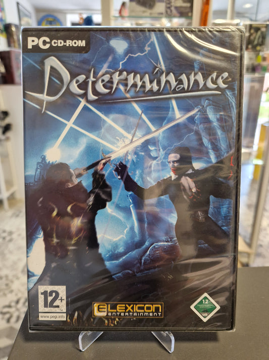 Originalverpackte PC-CD-ROM von Determinance, ein innovatives Schwertkampf-Spiel. Das Cover zeigt zwei Kämpfer im Duell mit Schwertern. USK 12 und PEGI 12 Logos vorhanden.