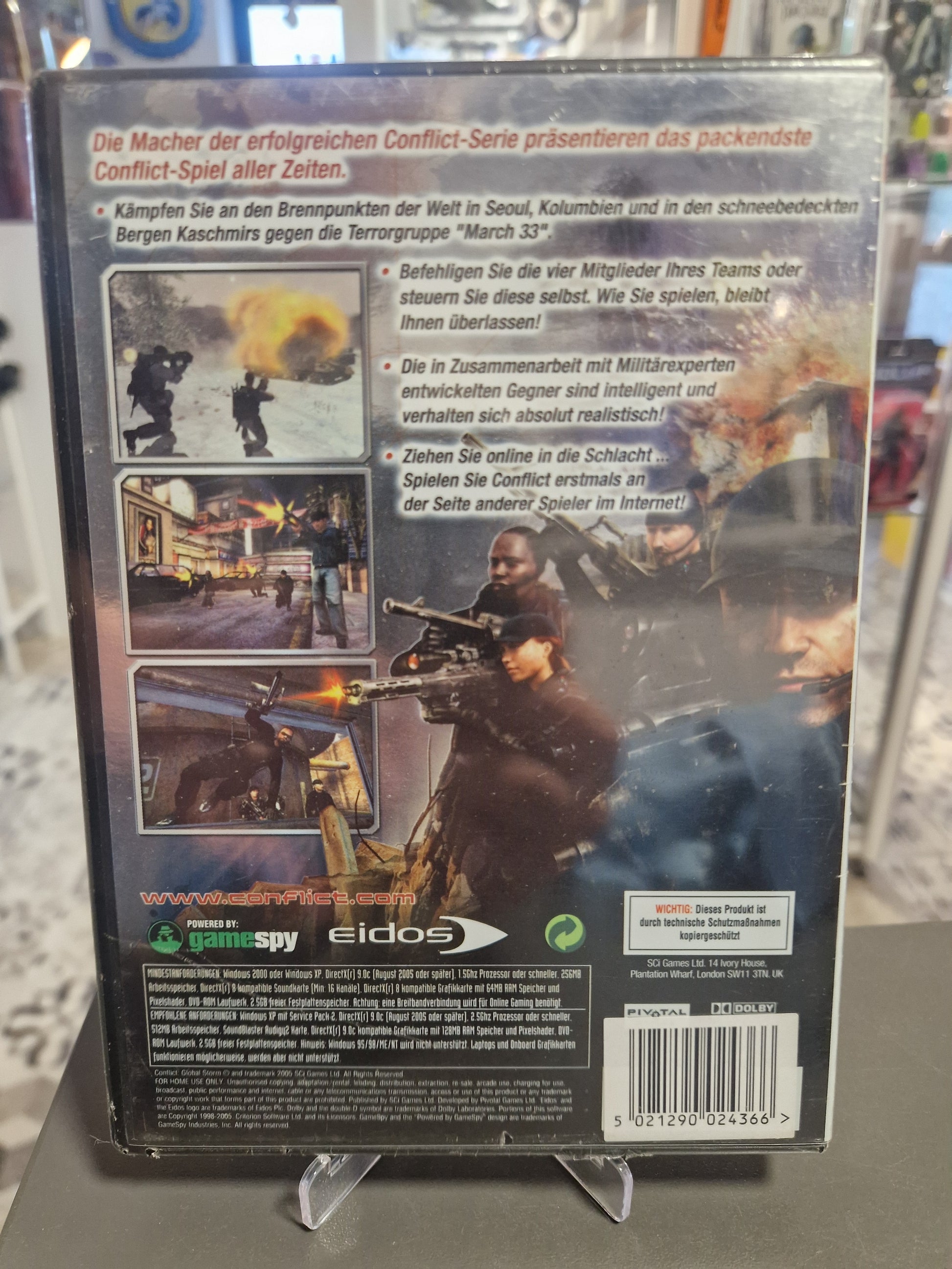 Rückseite der PC-Spielehülle von Conflict: Global Storm mit deutschen Spielbeschreibungen, Systemanforderungen und Barcode bei Memory Lane Rhauderfehn.