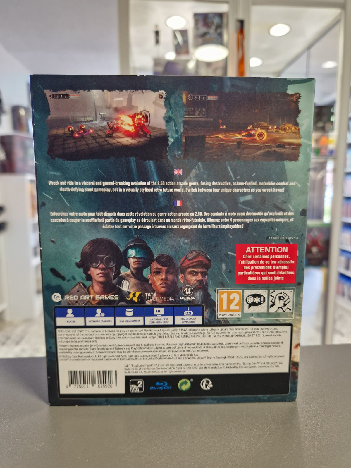 Rückseite des Schubers von Steel Rats PS4 mit Spielszenen, PEGI 12 Logo und Barcode 3770011615926.