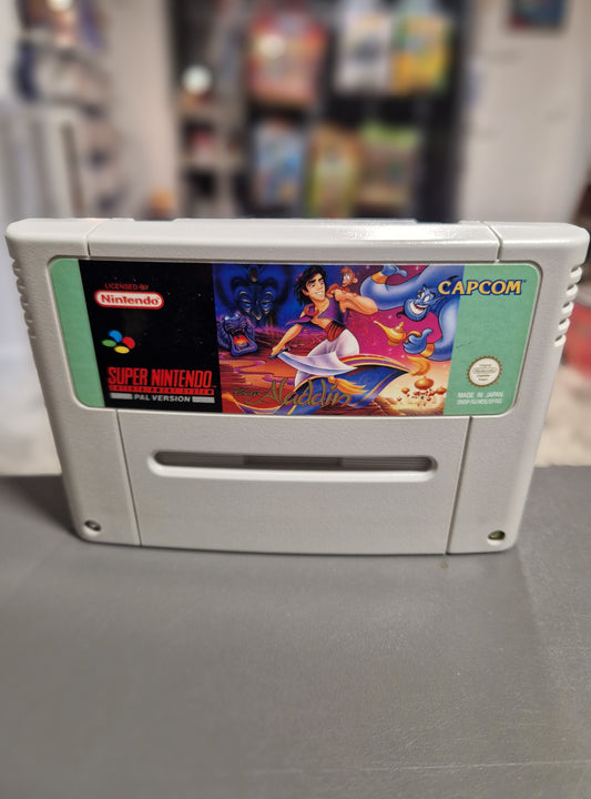 Vorderseite des originalen SNES Moduls Disneys Aladdin PAL Version.