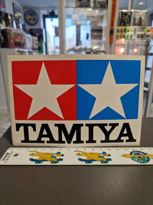 Großer rot-blauer Tamiya Logo Aufkleber mit weißem Stern, 16cm breit, Vintage Sammlerstück.