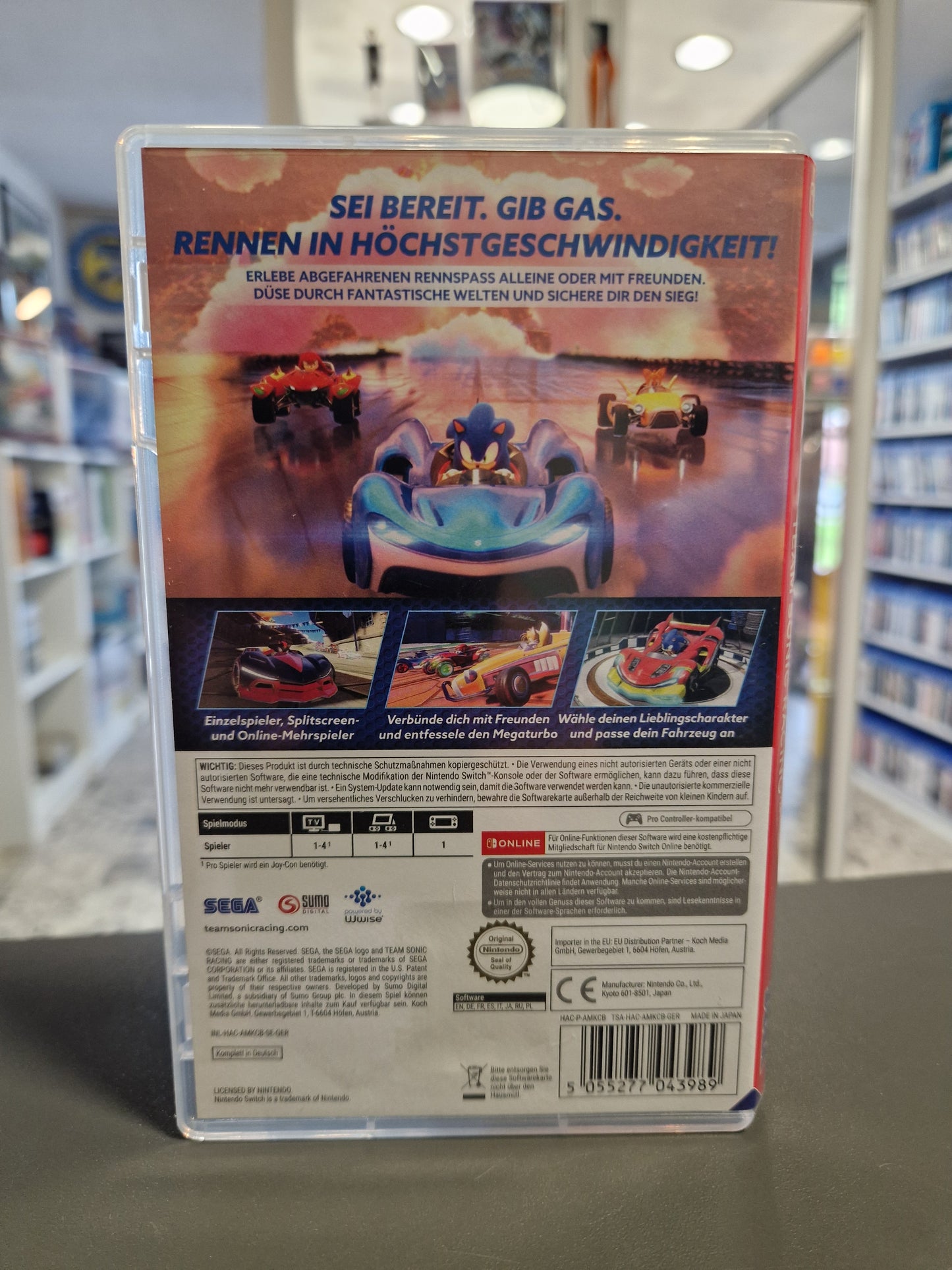 Rückseite der Team Sonic Racing Nintendo Switch Spieleverpackung mit Spielmodi-Details.