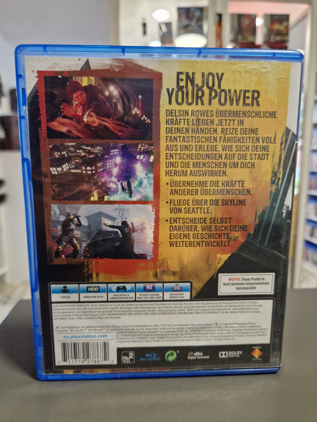 Rückseite der PS4 Hülle von inFAMOUS Second Son mit Barcode 711719278672.