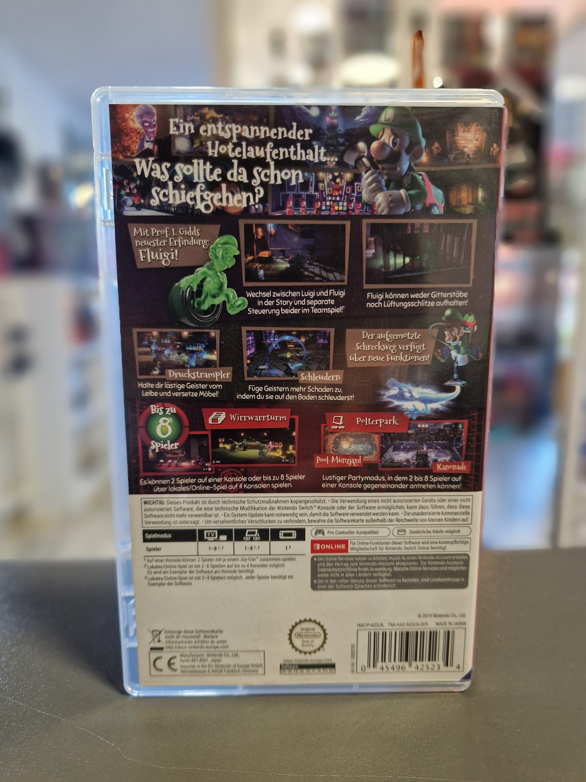 Rückseite der Nintendo Switch Hülle von Luigi's Mansion 3 mit EAN 0045496425234.