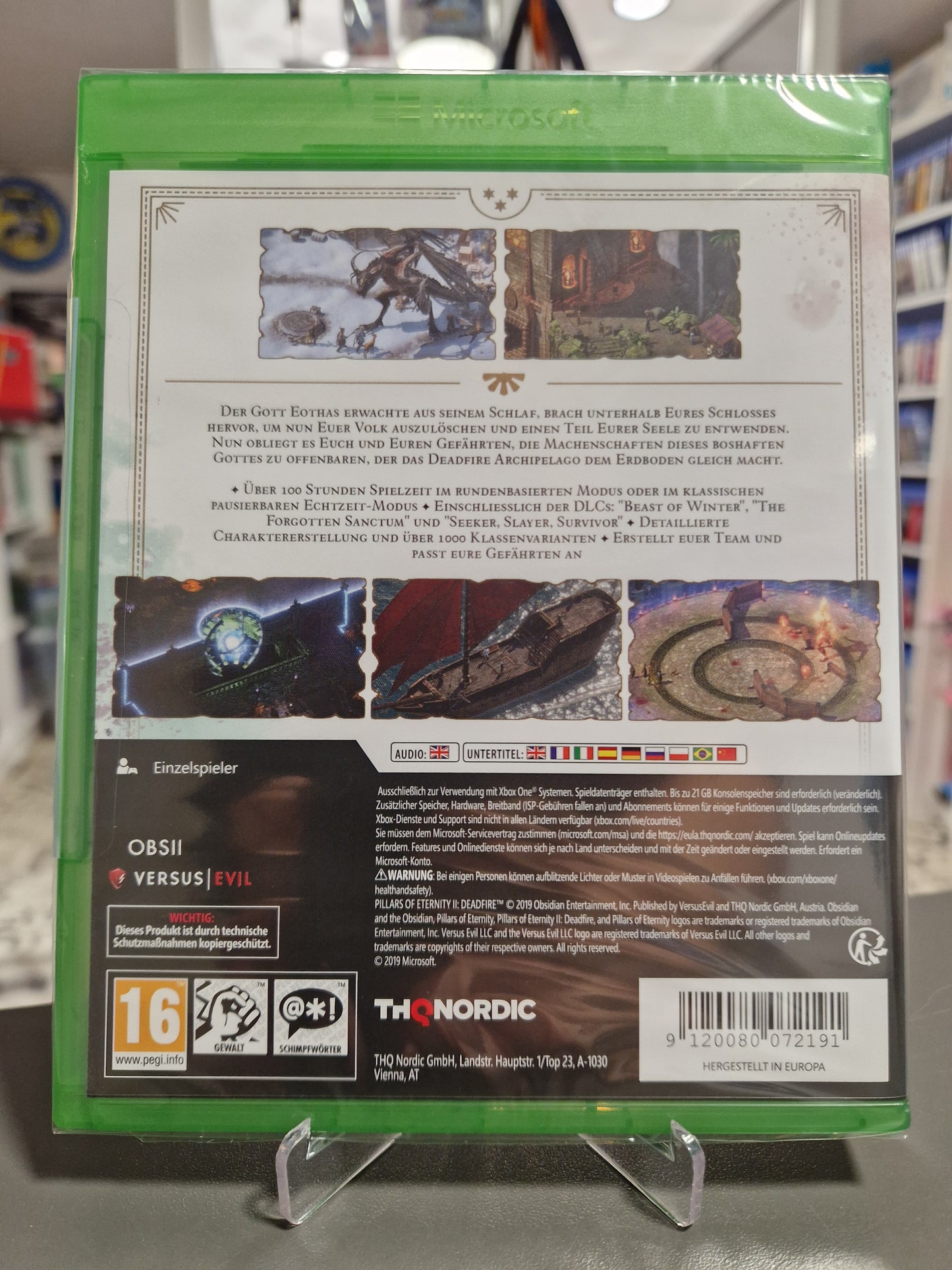 Rückseite der originalverschweißten Pillars of Eternity II Deadfire Ultimate Edition Xbox One Hülle mit DLC-Auflistung und Barcode 9120080072191.