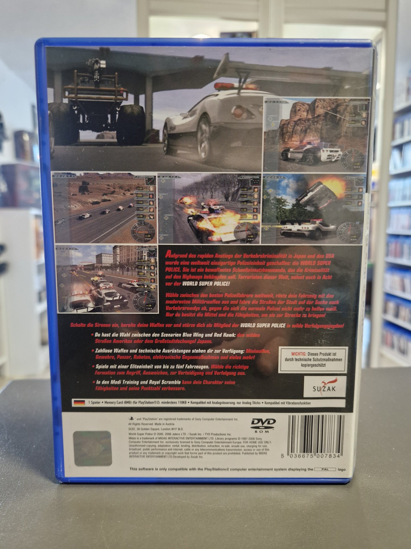 Rückseite der World Super Police PS2 Hülle mit Screenshots, Produktbeschreibung und Barcode 5036675007834.