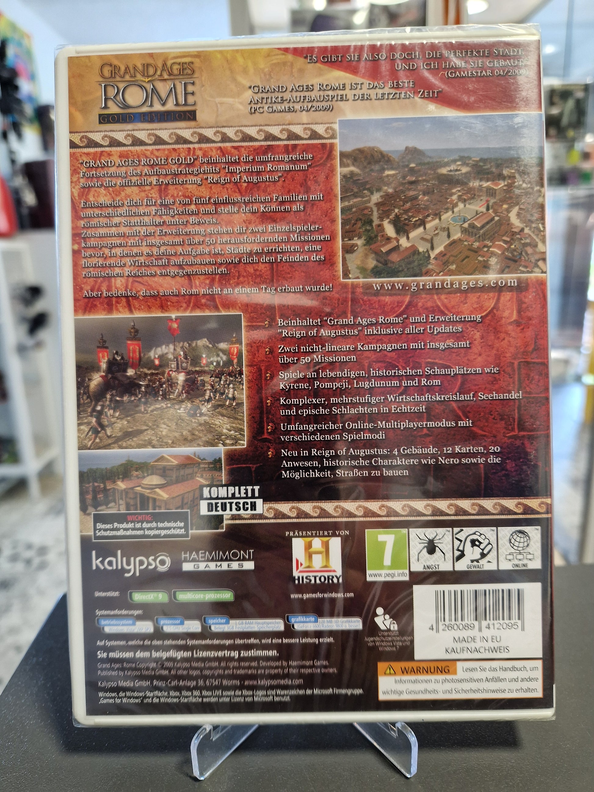 Rückseite der Grand Ages Rome Gold Edition PC-Hülle. Details zu den über 50 Missionen, historischen Schauplätzen und dem Add-on Reign of Augustus in deutscher Sprache.