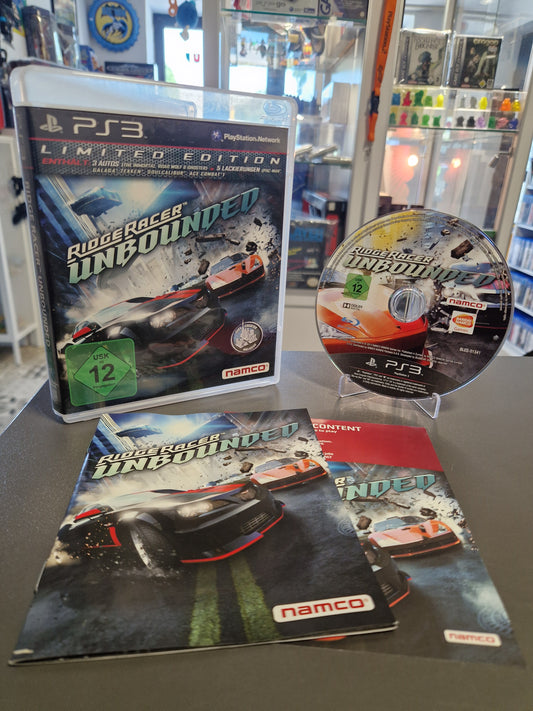 Ridge Racer Unbounded Limited Edition für PlayStation 3 mit grünem USK 12 Logo. Das Set ist komplett mit Originalhülle, sauberer Blu-ray Disc und dem Begleitheft von Namco.