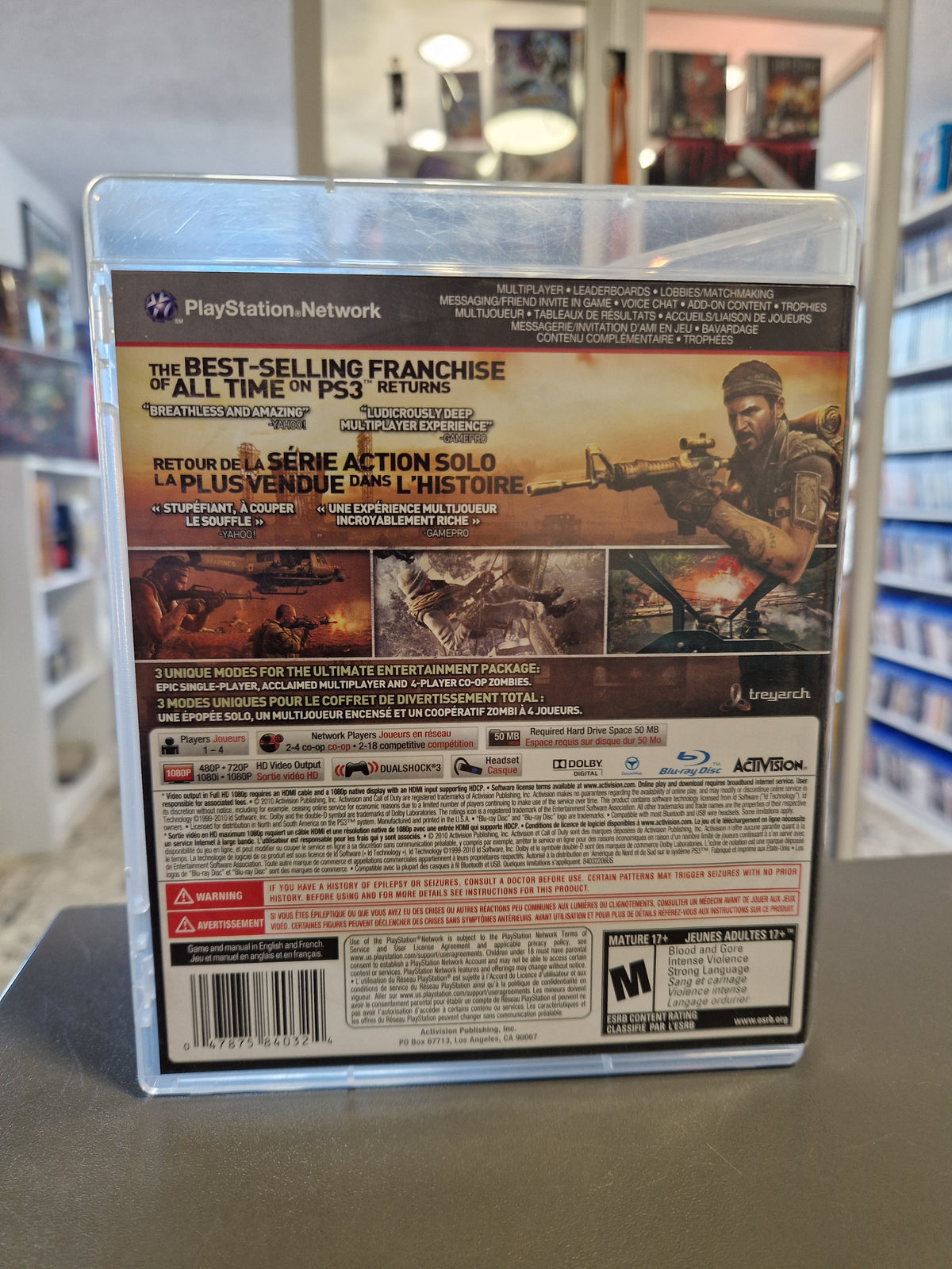 Rückseite der PS3-Hülle von Call of Duty Black Ops US-Import mit UPC 047875840324.