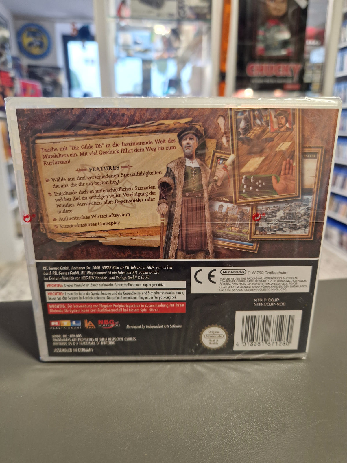 Rückseite der versiegelten Nintendo DS Verpackung von Die Gilde DS mit EAN 4018281671280.