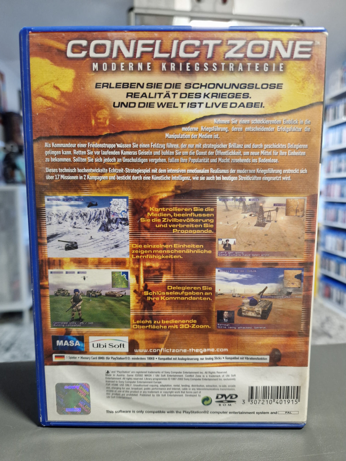 Rückseite der PS2 Hülle von Conflict Zone Moderne Kriegsstrategie mit Barcode 3307210401915.