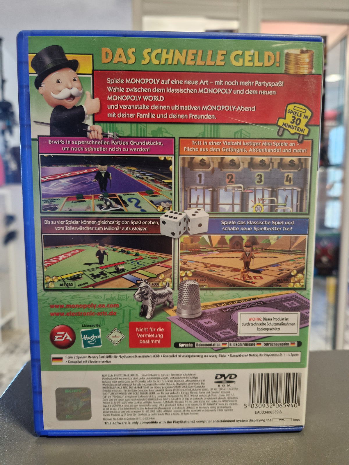 Rückseite der PS2 Hülle von Monopoly mit Produktinformationen und Barcode 5030932065940.