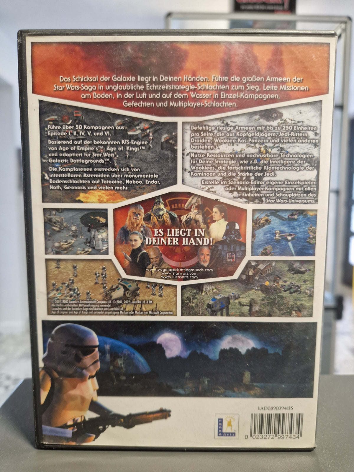 Rückseite der PC Hülle von Star Wars Galactic Battlegrounds Saga mit Barcode 0023272997434.