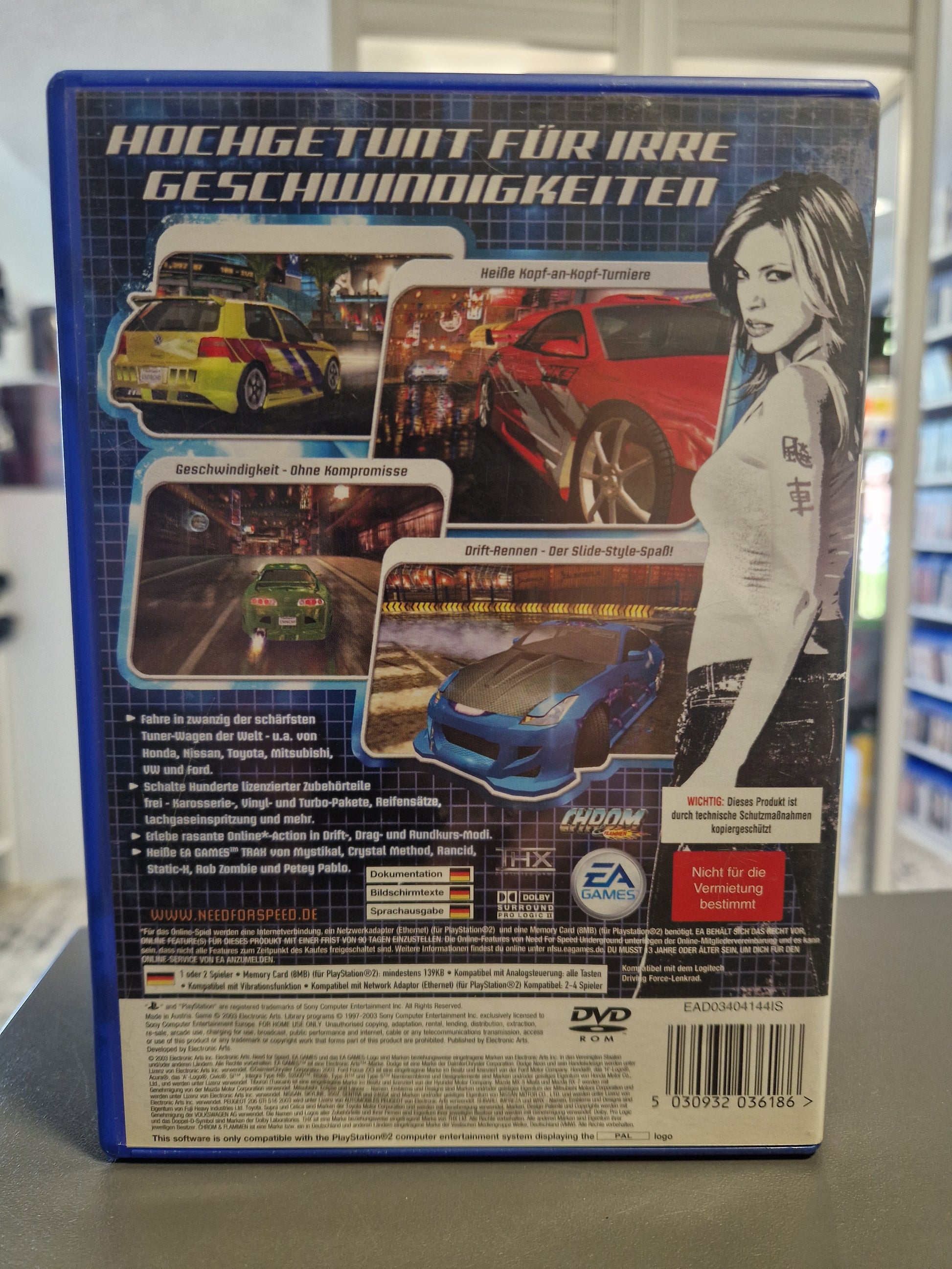 Rückseite der Need for Speed Underground PS2 Hülle mit Spielbeschreibung und Screenshots.