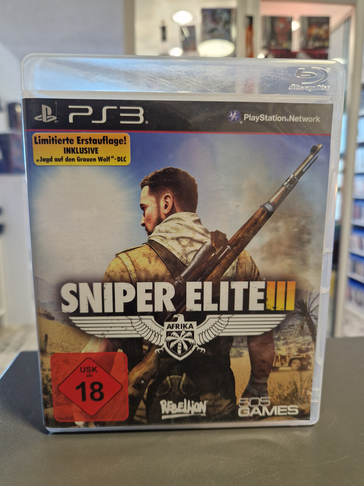 Vorderseite der PS3 Hülle von Sniper Elite III Afrika Limitiere Erstauflage mit USK 18 Logo.