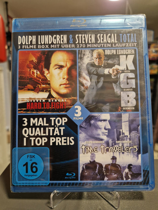 Vorderseite der originalversiegelten Blu-ray Hülle Dolph Lundgren und Steven Seagal Total 3 Filme Box.