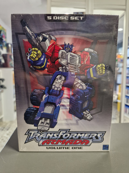 Vorderseite der Transformers Armada Volume One Box, original eingeschweißt, mit Optimus Prime auf dem Cover.