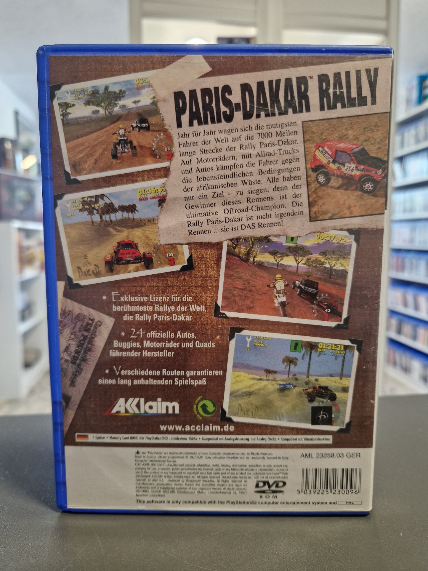 Rückseite der Paris-Dakar Rally PS2 Hülle mit Spielbeschreibung, Screenshots und Barcode 5039225230096.