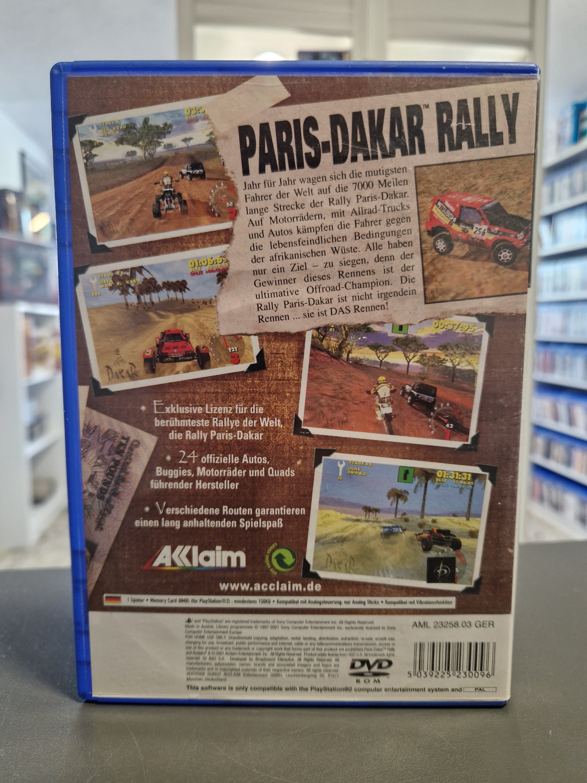Rückseite der Paris-Dakar Rally PS2 Hülle mit Spielbeschreibung, Screenshots und Barcode 5039225230096.