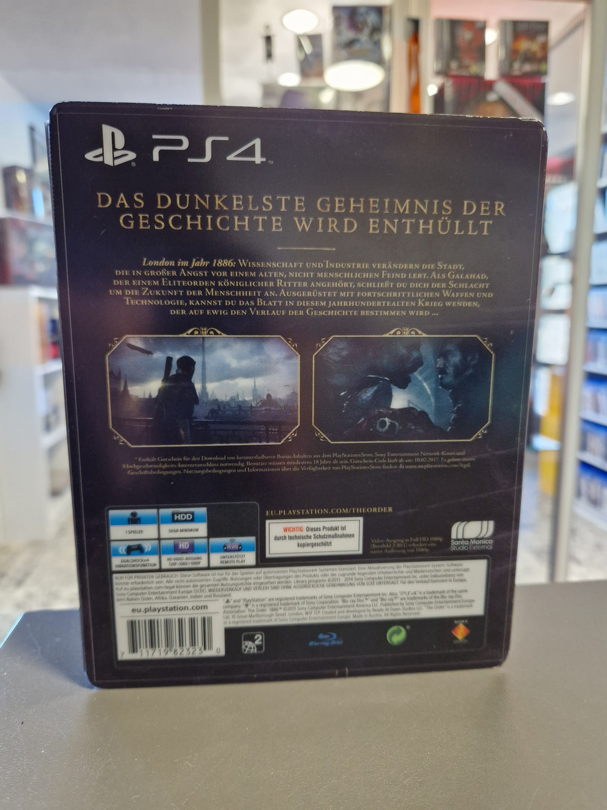 Rückseite des Plastik-Schubers von The Order 1886 Limited Edition mit Spielinformationen und Barcode 711719823230.