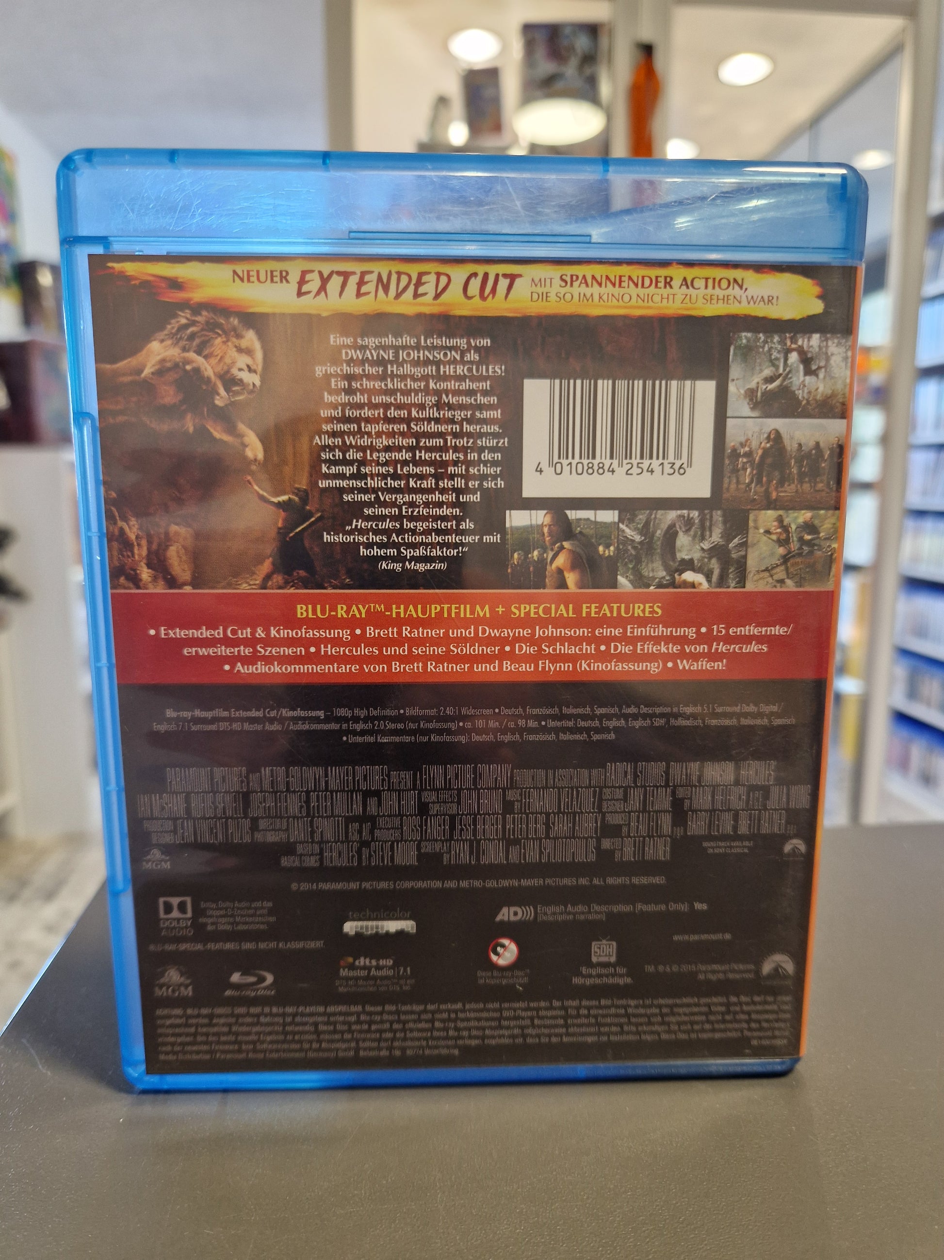 Rückseite der Hercules Blu-ray mit Infos zu Bonusmaterial und der längeren Filmfassung.