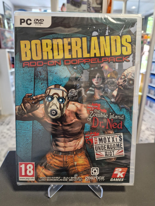 Vorderseite der PC-Spielehülle Borderlands Add-on Doppelpack für PC, originalverpackt in Folie. Enthält die DLCs The Zombie Island of Dr. Ned und Mad Moxxi's Underdome Riot. PEGI 18 Logo sichtbar.