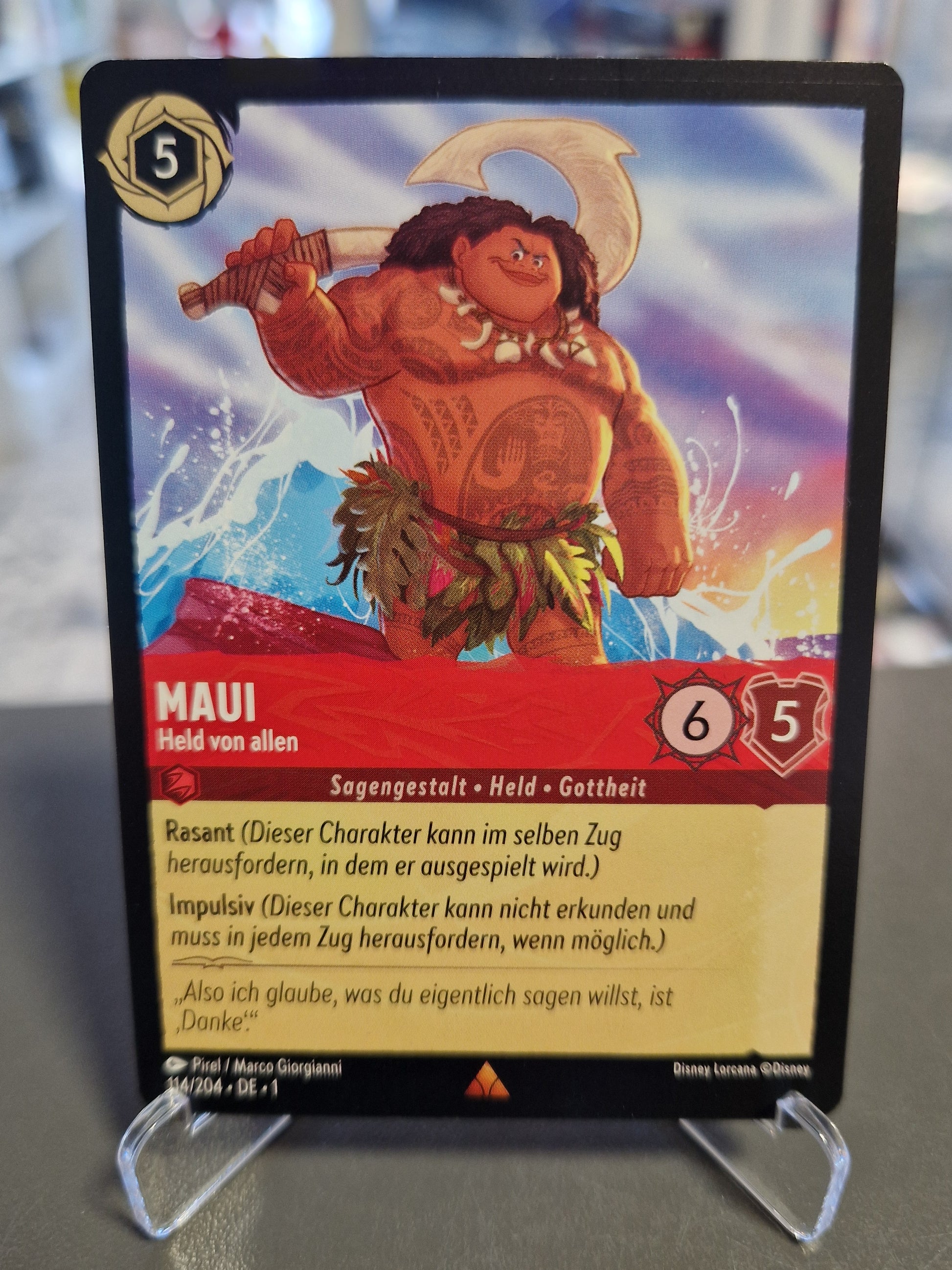 Disney Lorcana Sammelkarte Maui Held von allen Deutsch Super Selten Vorderseite Near Mint Memory Lane Shop