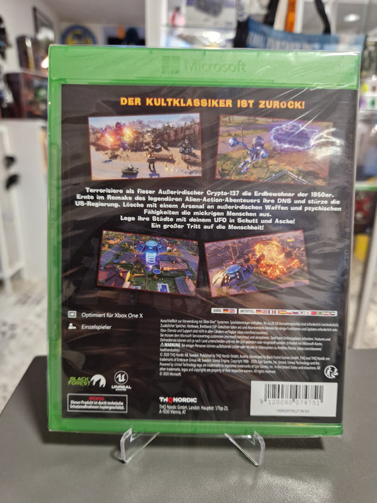 Rückseite der originalverschweißten Destroy All Humans! Remake Xbox One Hülle mit Spielbeschreibung, Screenshots und Barcode 9120080074751.