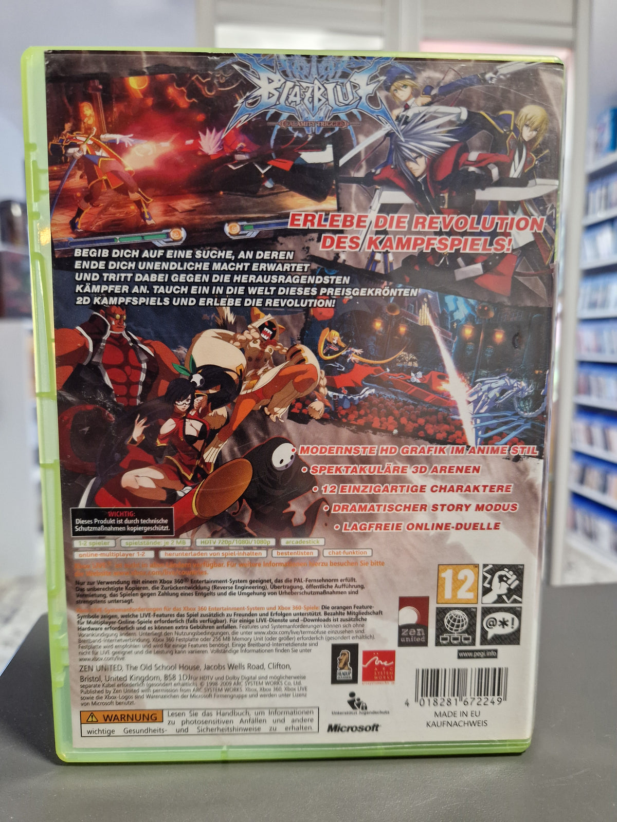 Rückseite der Xbox 360 Hülle von BlazBlue Calamity Trigger mit EAN Barcode 4018281672249.