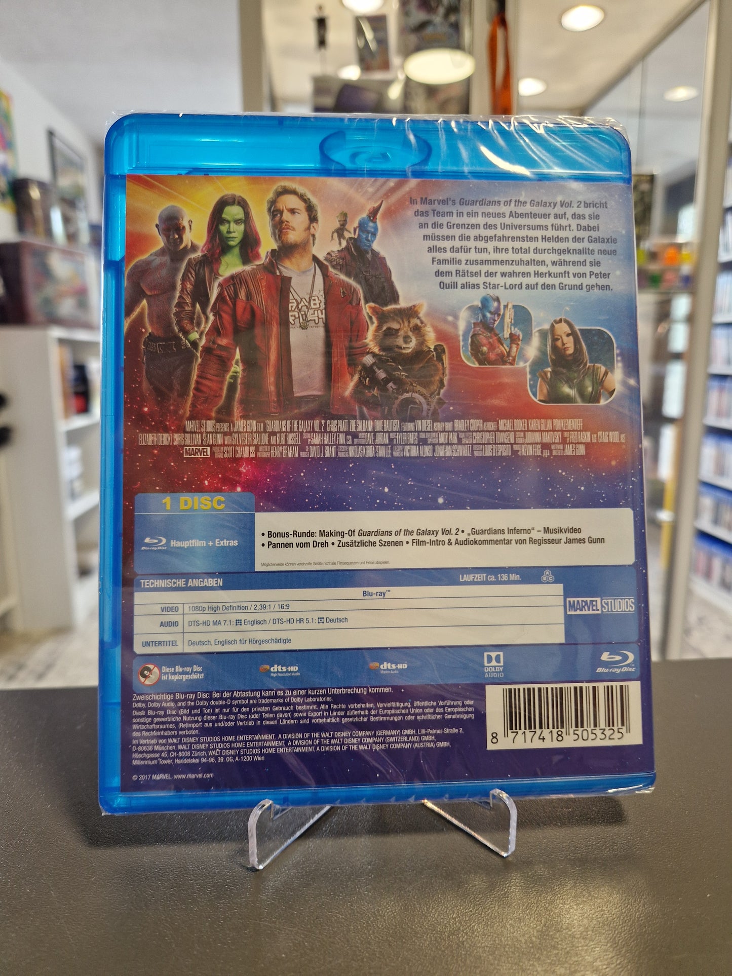 Rückseite der Guardians of the Galaxy Vol. 2 Blu-ray Hülle mit technischen Angaben, Barcode und Bonusmaterial-Details.