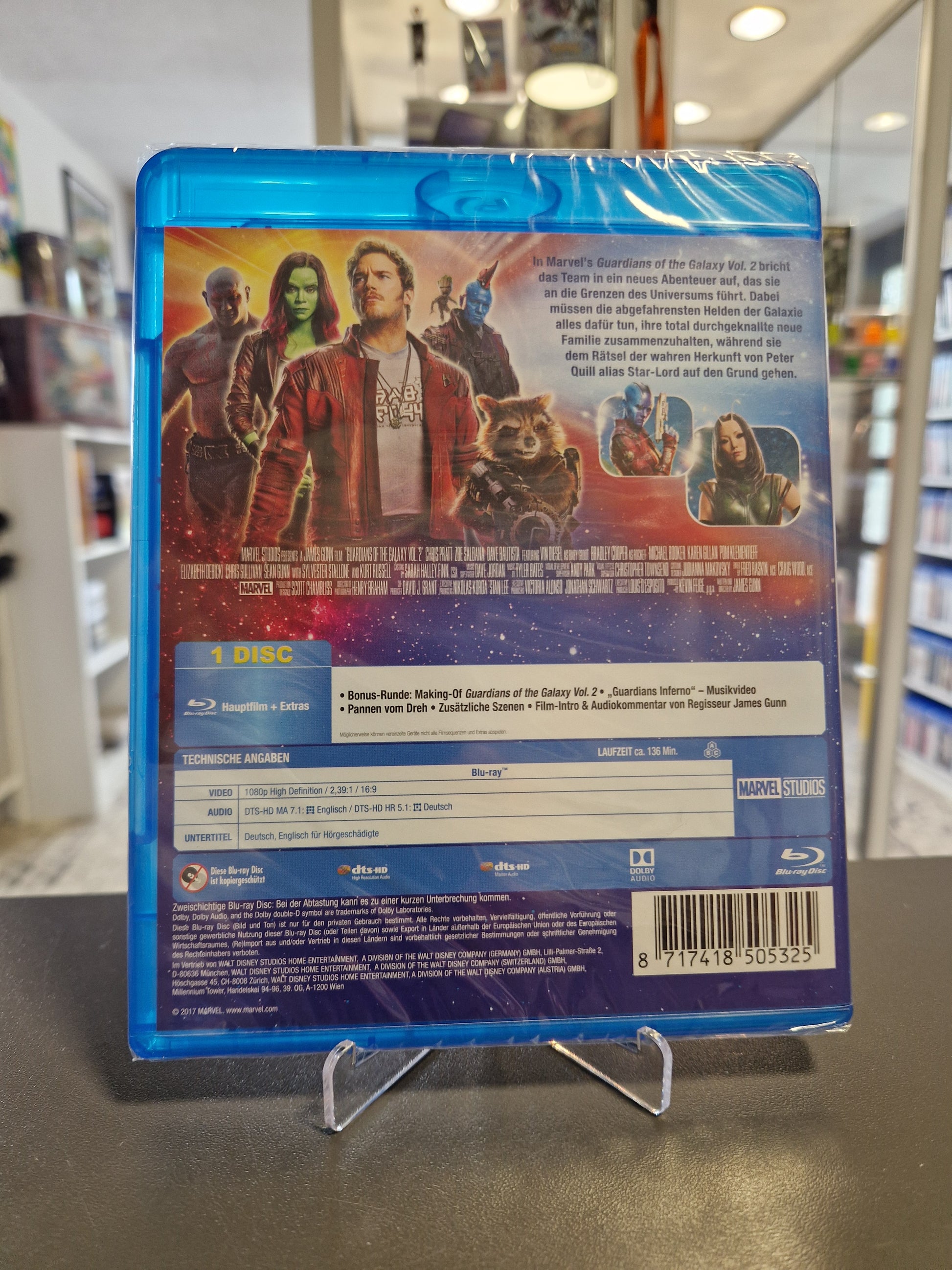 Rückseite der Guardians of the Galaxy Vol. 2 Blu-ray Hülle mit technischen Angaben, Barcode und Bonusmaterial-Details.
