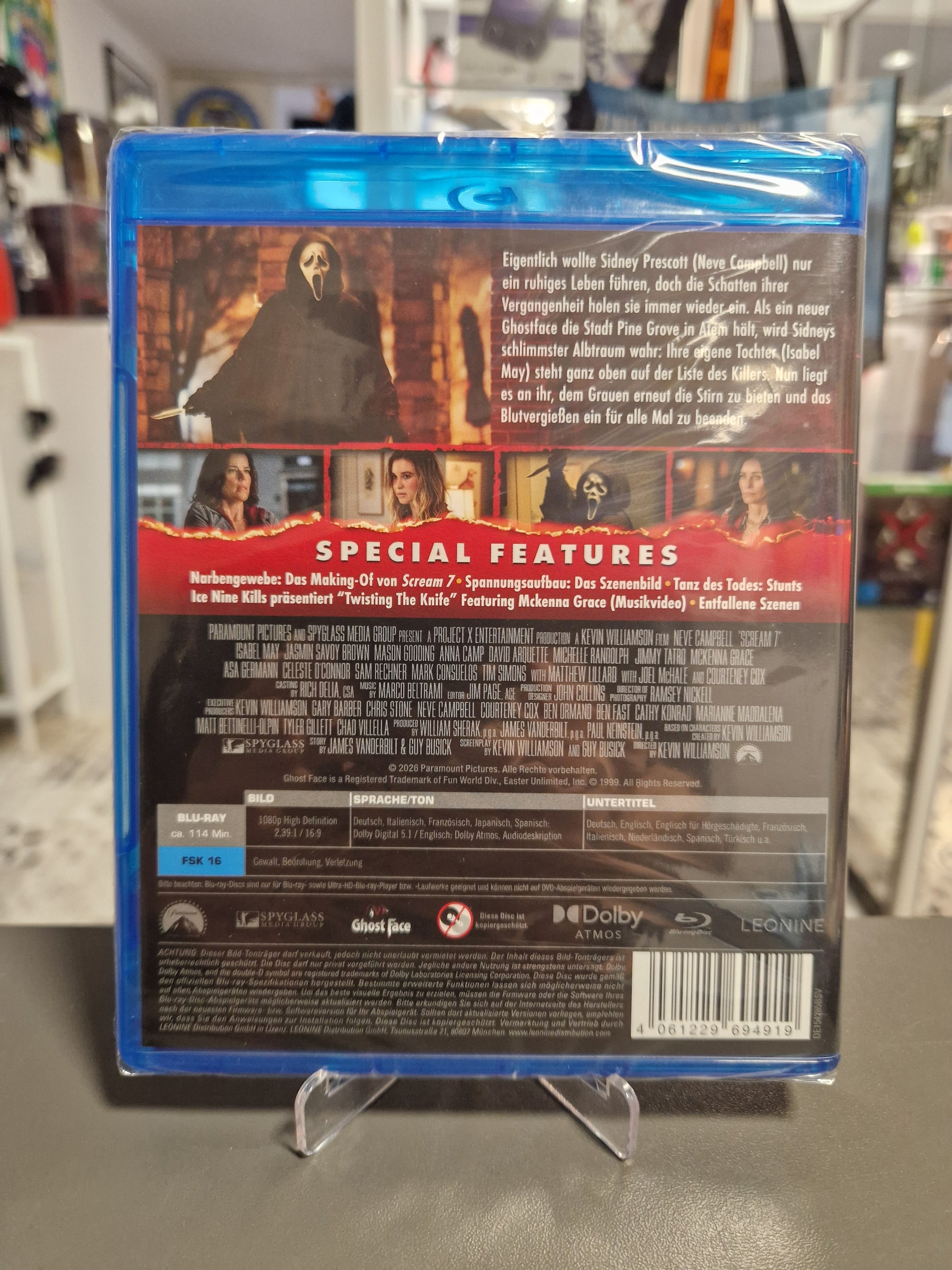 Rückseite der Scream 7 Blu-ray mit Filminhalt, Special Features Bonusmaterial und Barcode