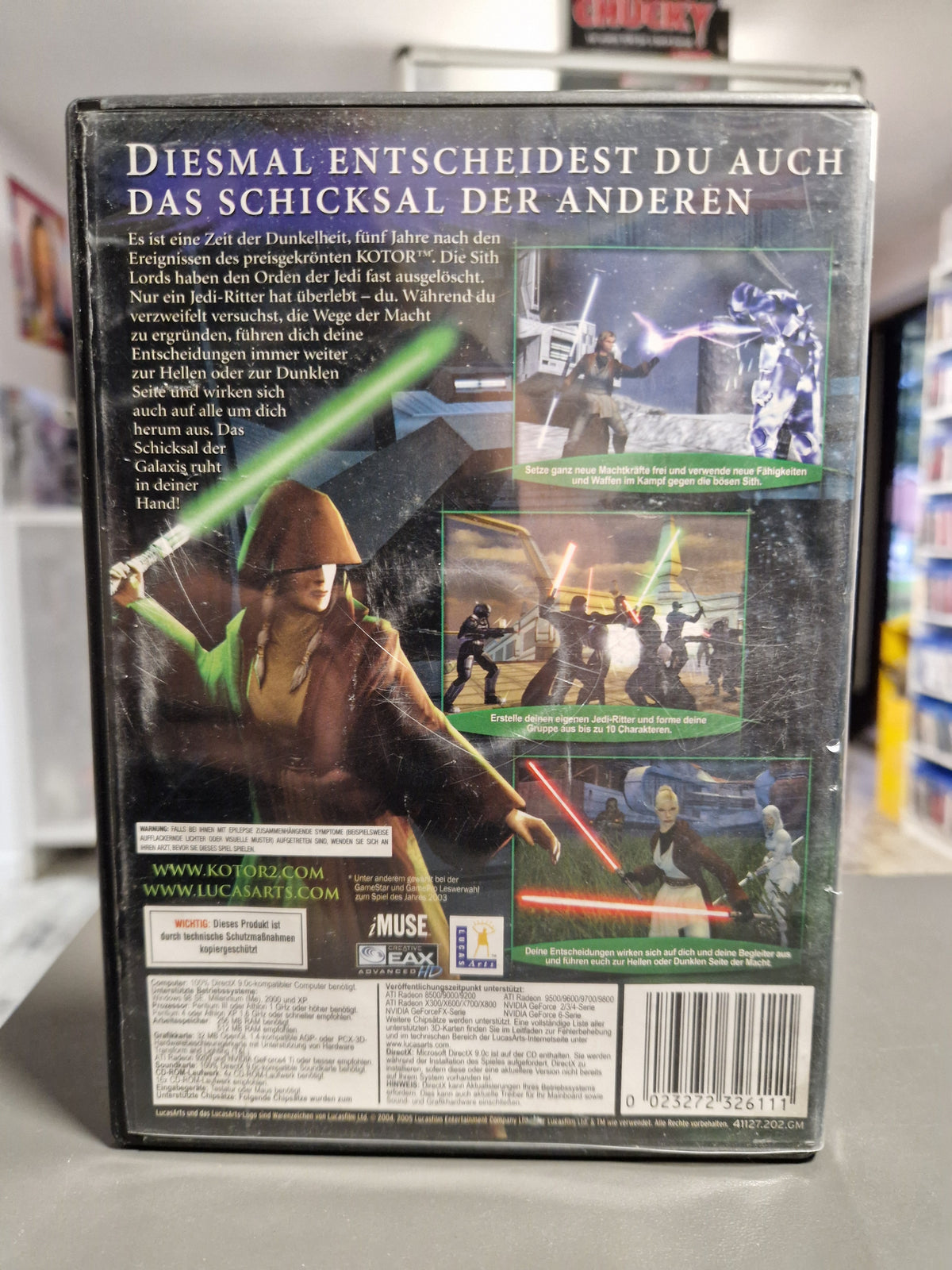 Rückseite der PC Hülle von Star Wars KotOR 2 mit Barcode 0023272326111.
