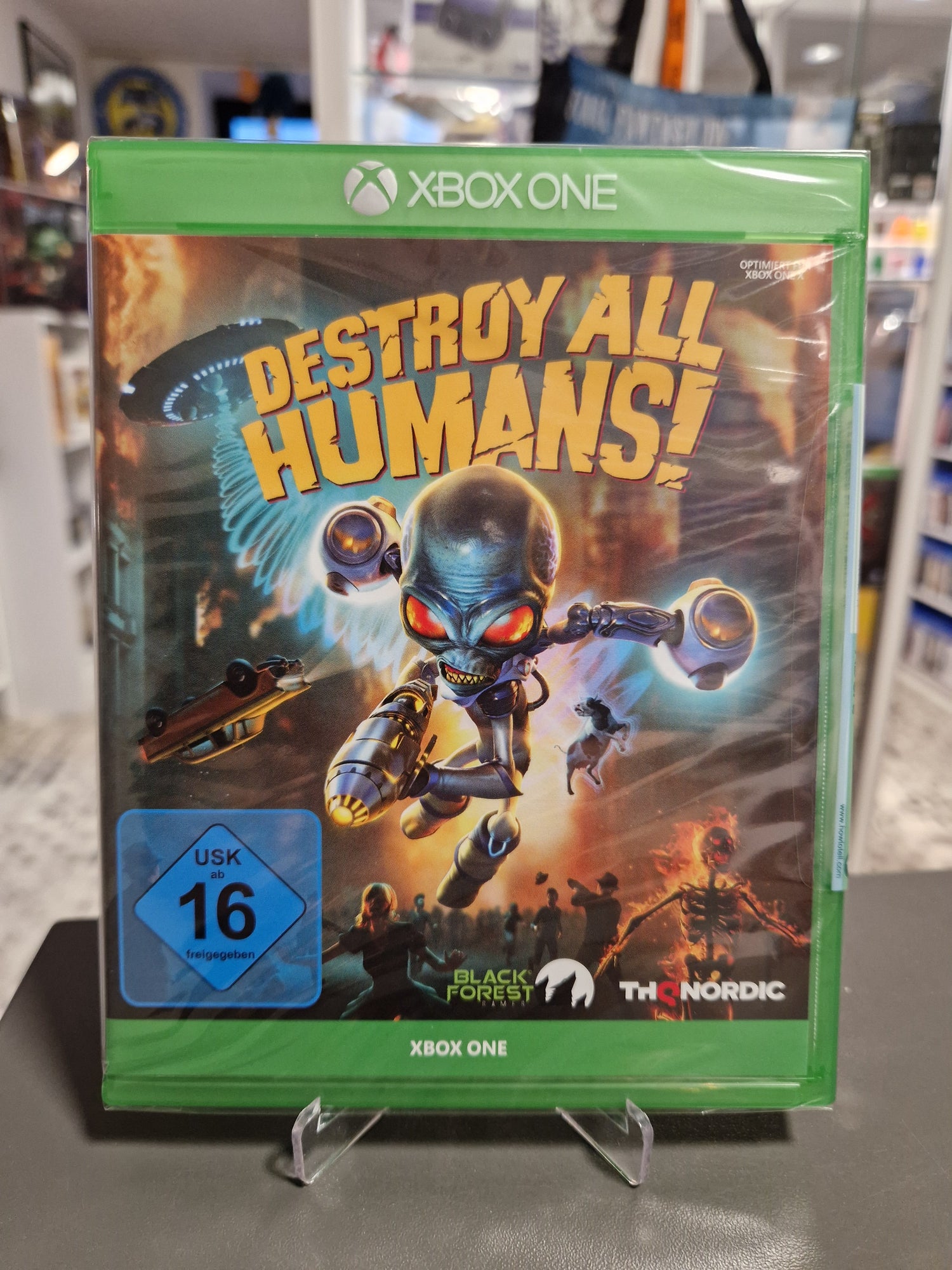 Vorderseite der originalverpackten Xbox One Hülle von Destroy All Humans! Remake mit Alien Crypto-137 und USK 16 Logo.