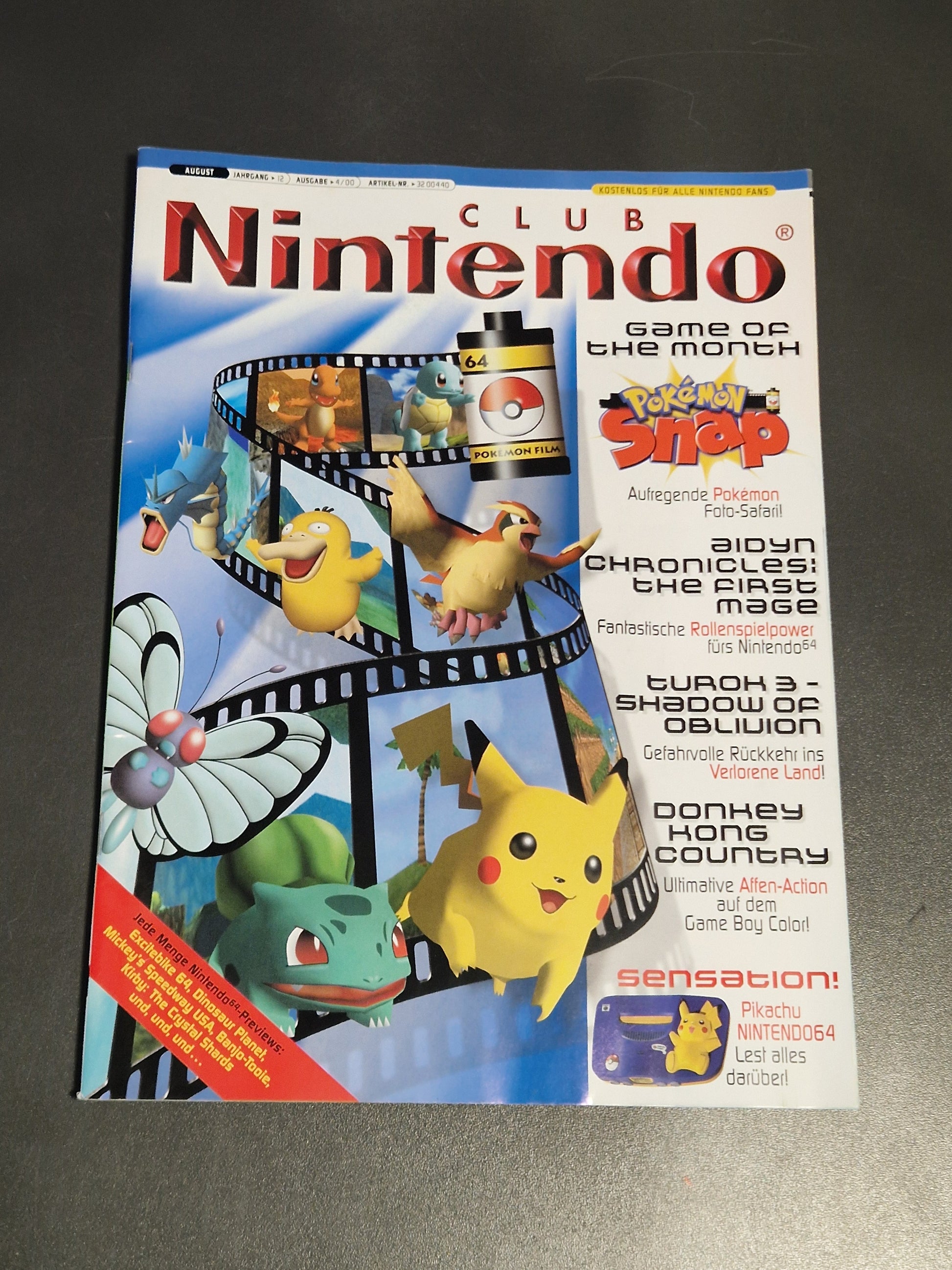 Club Nintendo Magazin August 2000 Cover mit Pokémon Snap Motiven, N64 Logo, Originalzustand