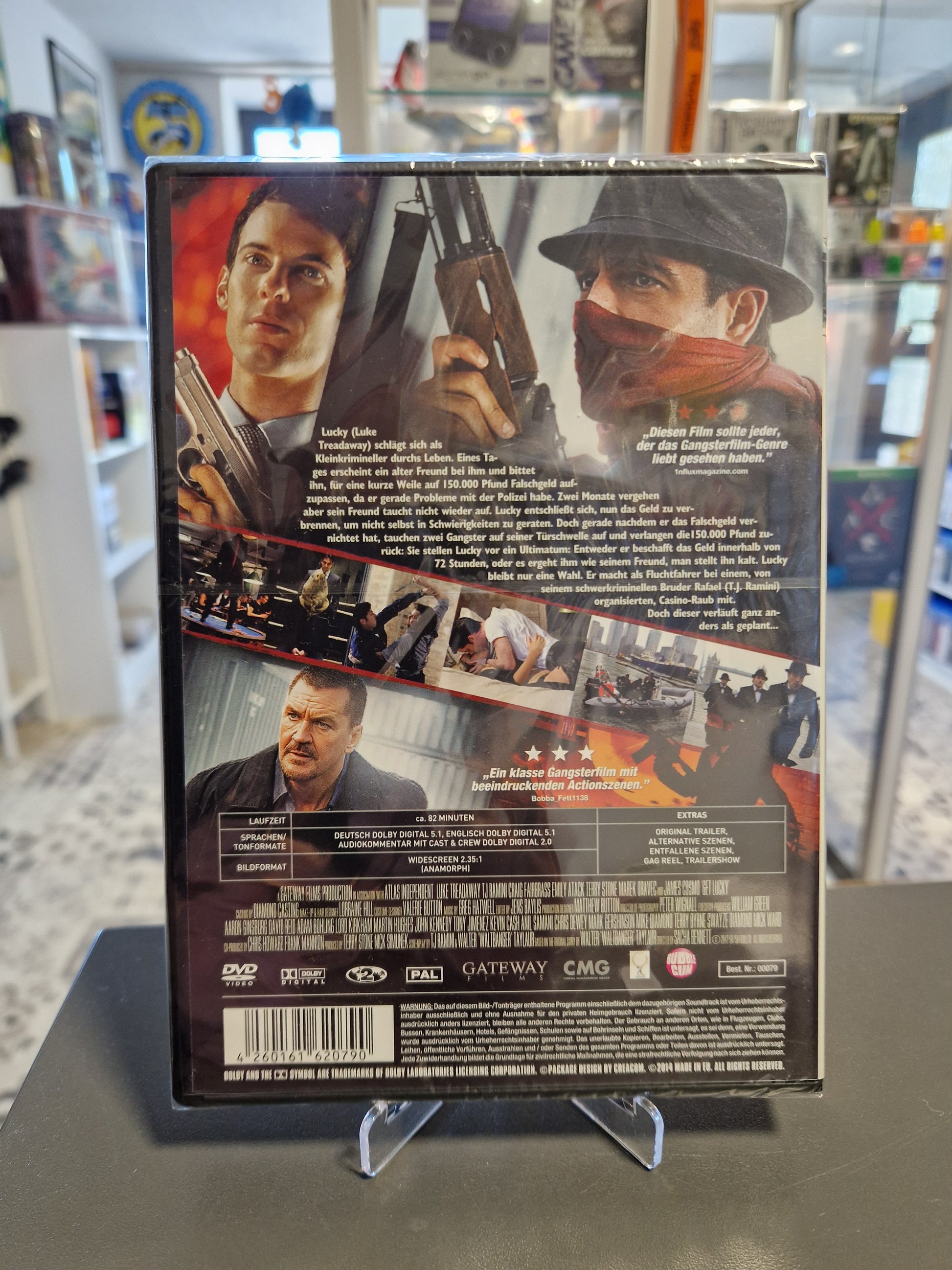 Rückseite der Get Lucky DVD-Hülle mit detaillierter Inhaltsangabe auf Deutsch, Szenenbildern, technischen Details zu Ton und Bildformat sowie dem EAN-Barcode.